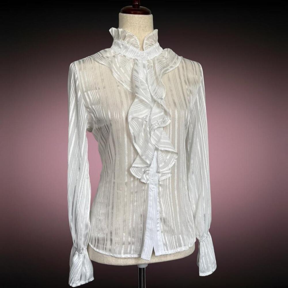 Victorian romantic pinstripe ruffle sheer fairy blouse silver shimmer